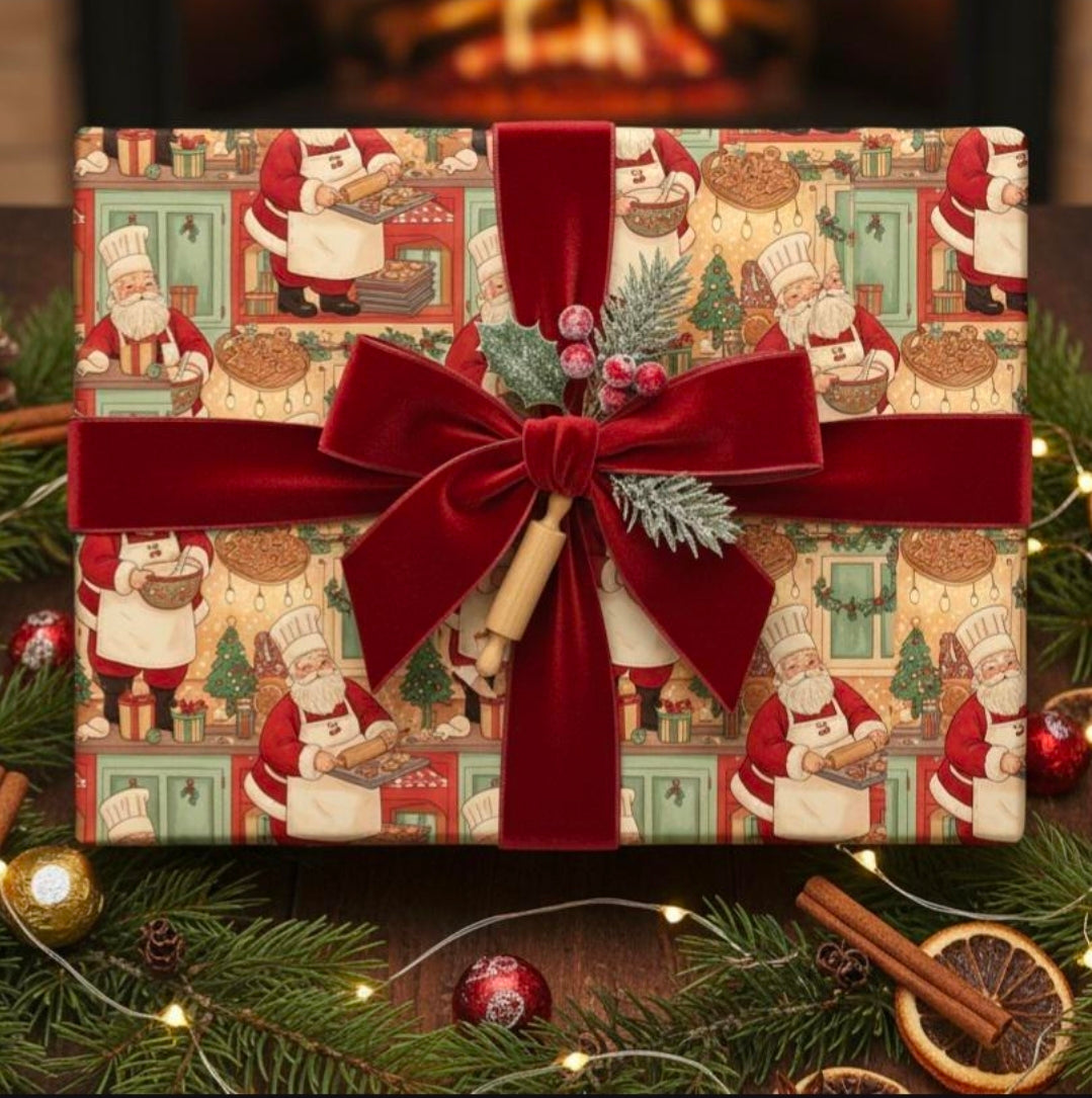 Vintage Santa Baking Wrapping Paper, Christmas Kitchen Decor, Retro Holiday Gift Wrap, Festive Sweetness, Old-Fashioned Santas