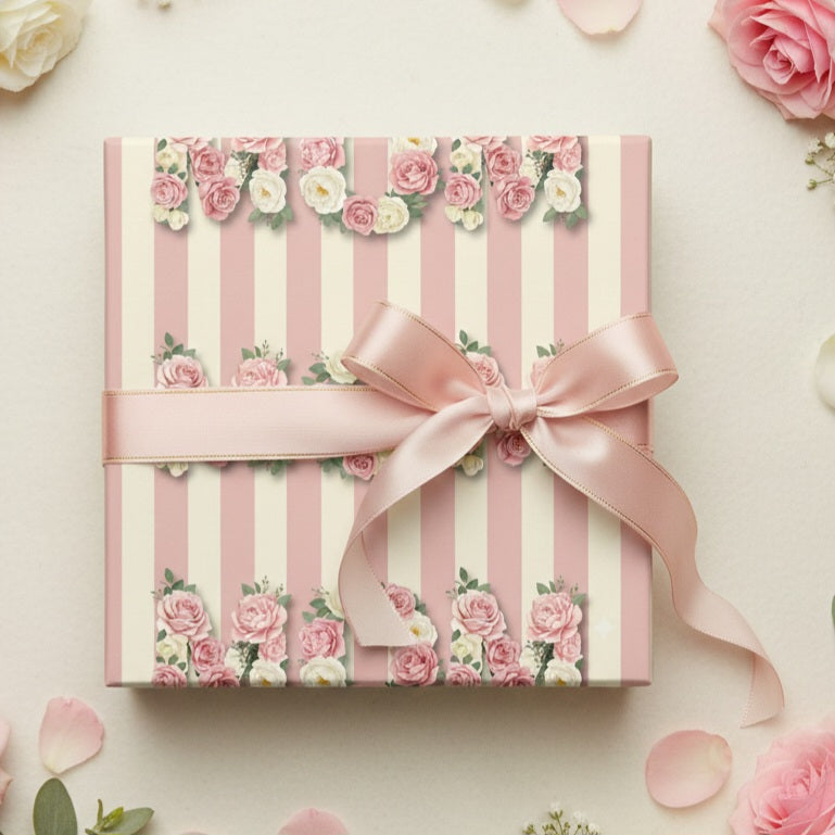 Vintage Rose Stripes Wrapping Paper | Floral Gift Wrap Rolls | Mother's Day