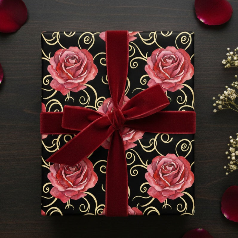 Red Rose Swirl Wrapping Paper | Floral Gift Wrap, Black & Gold