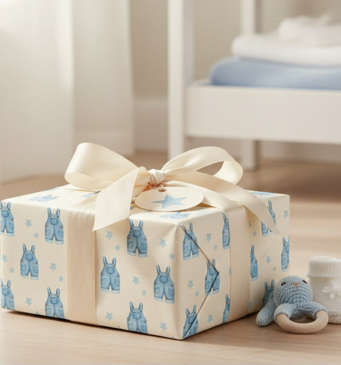 Blue Dungaree Bunny Pattern Wrapping Paper | Baby shower wrapping paper