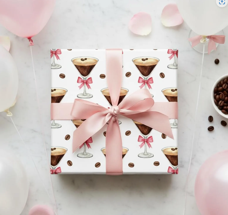 Espresso Martini Wrapping Paper with Pink Bows | Birthday Gift Wrap | Bridal Shower Wrap | Cocktail Party Paper | Girly Chic Gift Wrap