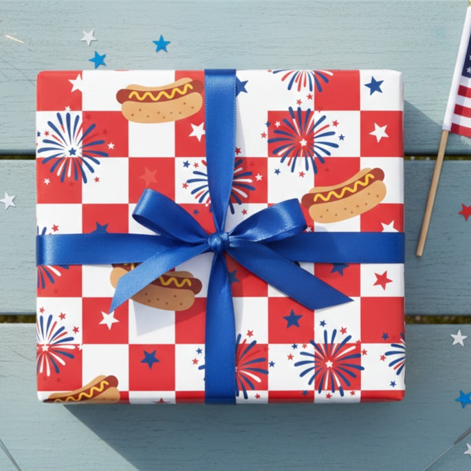 Hot Dog & Fireworks Wrapping Paper | Patriotic 4th of July Checkered Pattern