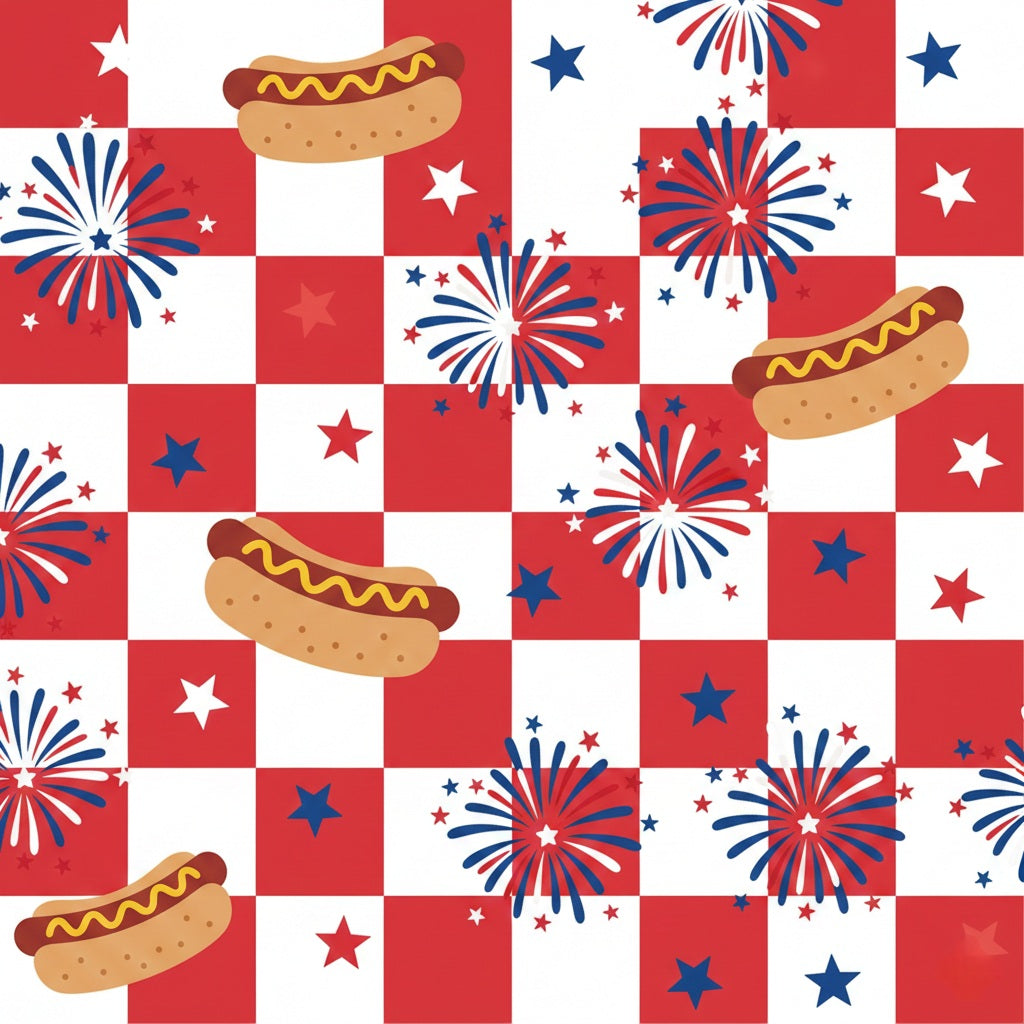 Hot Dog & Fireworks Wrapping Paper | Patriotic 4th of July Checkered Pattern