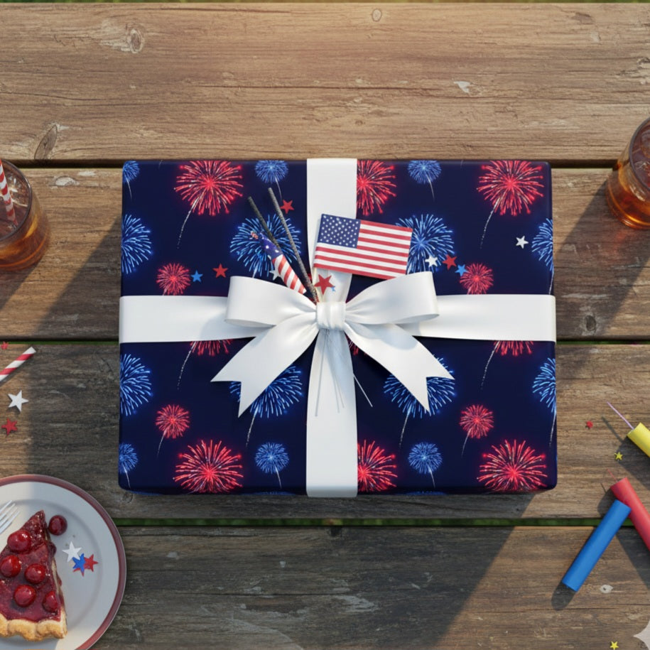 Red and Blue Fireworks Wrapping Paper | Patriotic Holiday Wrap