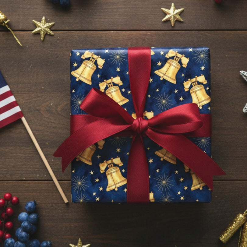 Golden Bells Pattern Wrapping Paper | Holiday Christmas Navy Star