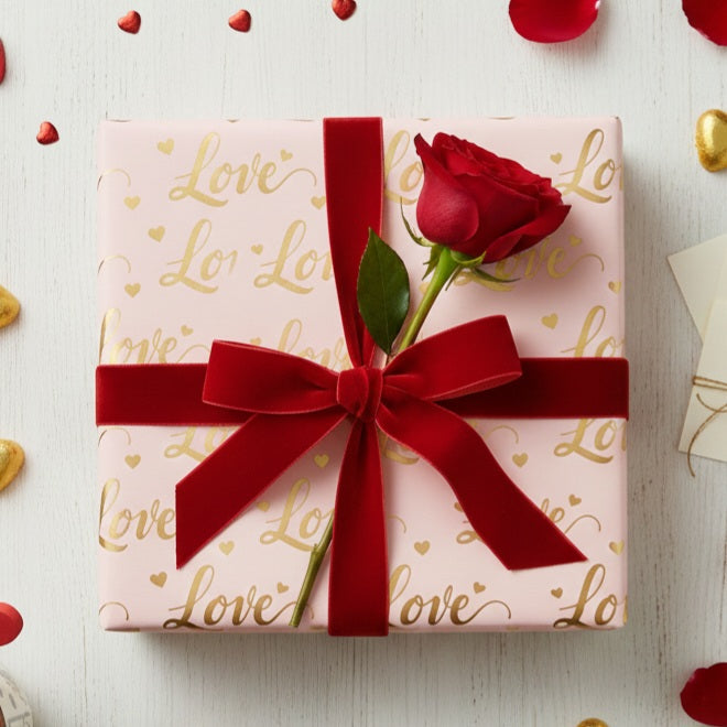 Gold Script "Love" Pattern Wrapping Papers | Pink Metallic Hearts