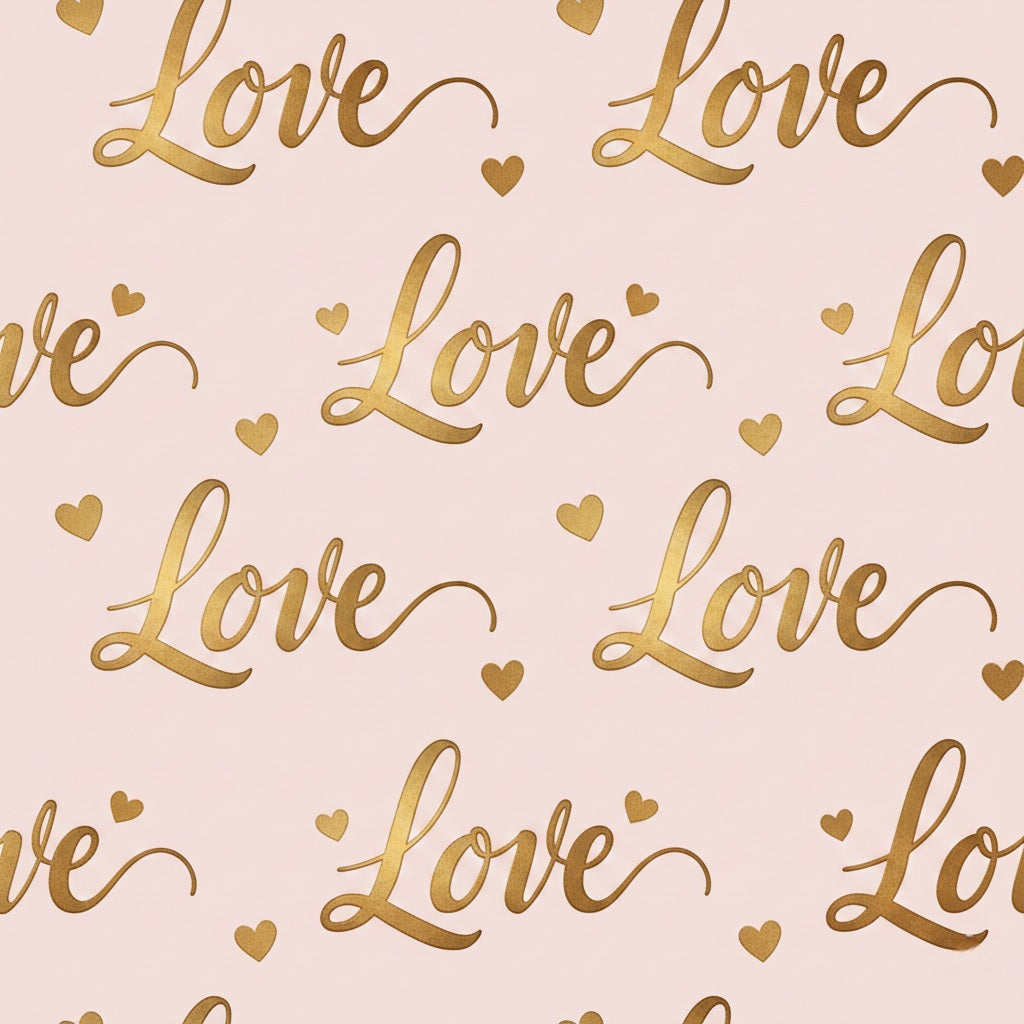 Gold Script "Love" Pattern Wrapping Papers | Pink Metallic Hearts