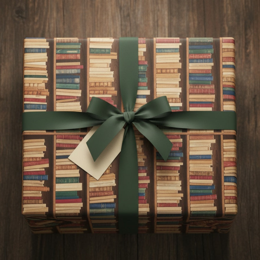 Vintage Bookshelf Pattern Wrapping Paper | Library Book Spine Gift Wrap