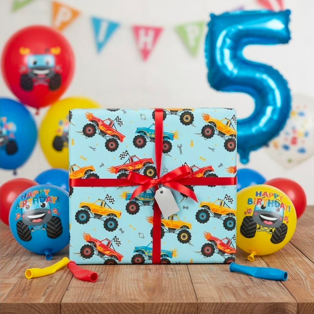 Birthday Wrapping Paper, Boys Monster Truck Gift Wrap, Kids Party Supplies, DIY Crafts, Present Packaging