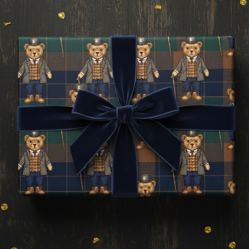 Plaid Gentleman Bear Wrapping Paper – Classic, Cozy & Charming