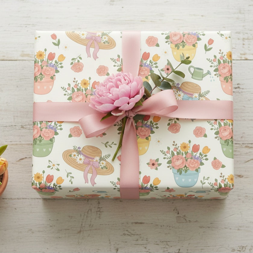 Floral Bouquet Gardening Wrapping Paper Roll — Pastel Flowers Gift Wrap for Spring & Mother's Day