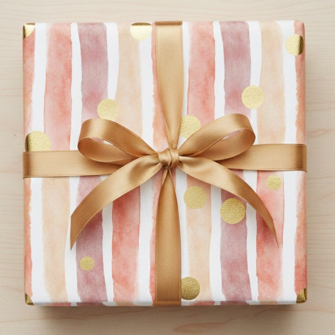 Wrapping Paper - Pink Watercolor Stripes & Gold Dots Gift Wrap