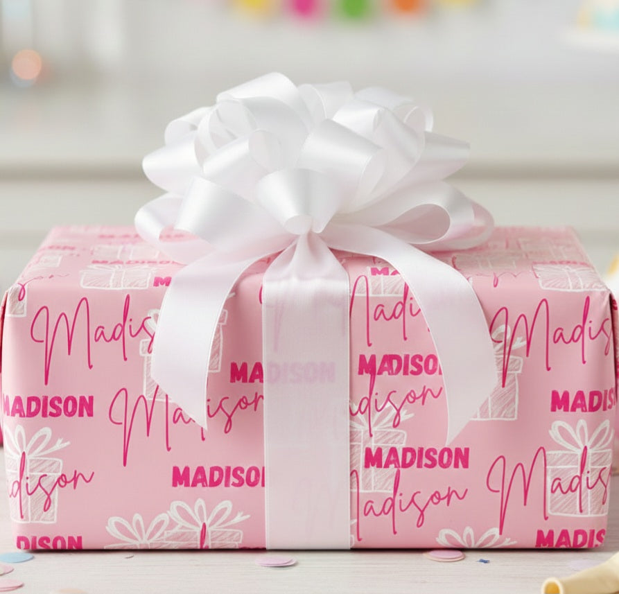 Personalized Pink Name Birthday Wrapping Paper — Custom Name Gift Wrap for Birthdays & Baby Showers
