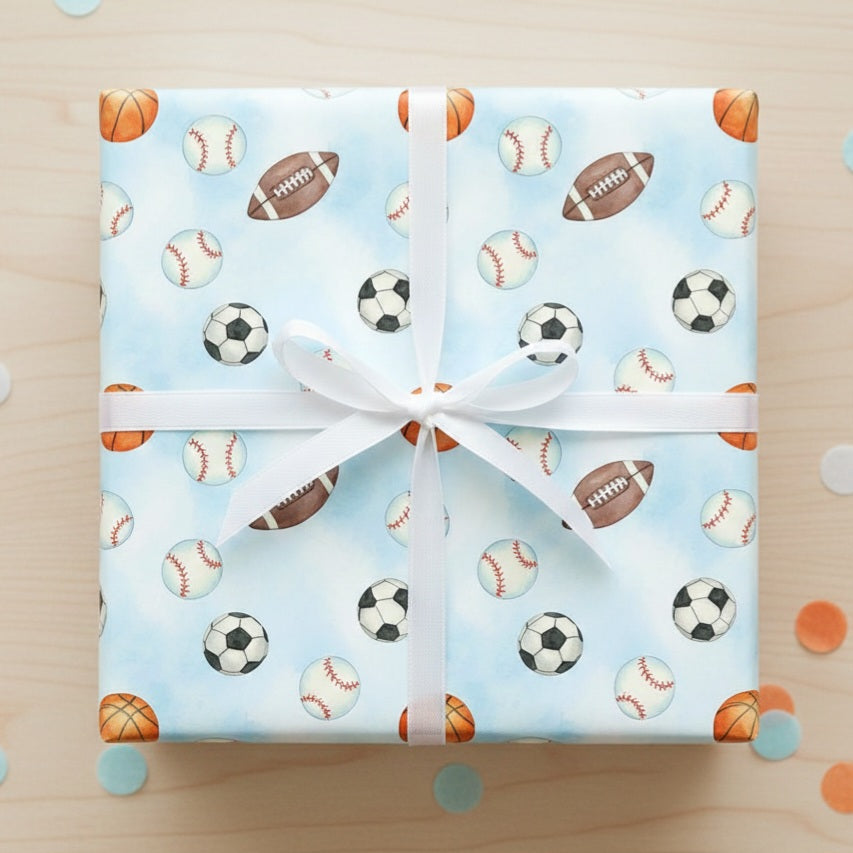 Sports Pattern Wrapping Paper — Balls Gift Wrap for Kids, Coaches & Team Celebrations