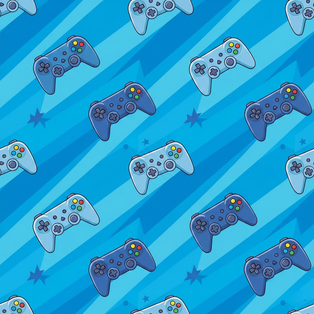 Blue video game themed birthday wrapping paper with controllers and gaming icons