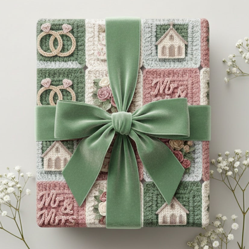 Vintage crochet wedding wrapping paper with cake, rings, and roses pattern