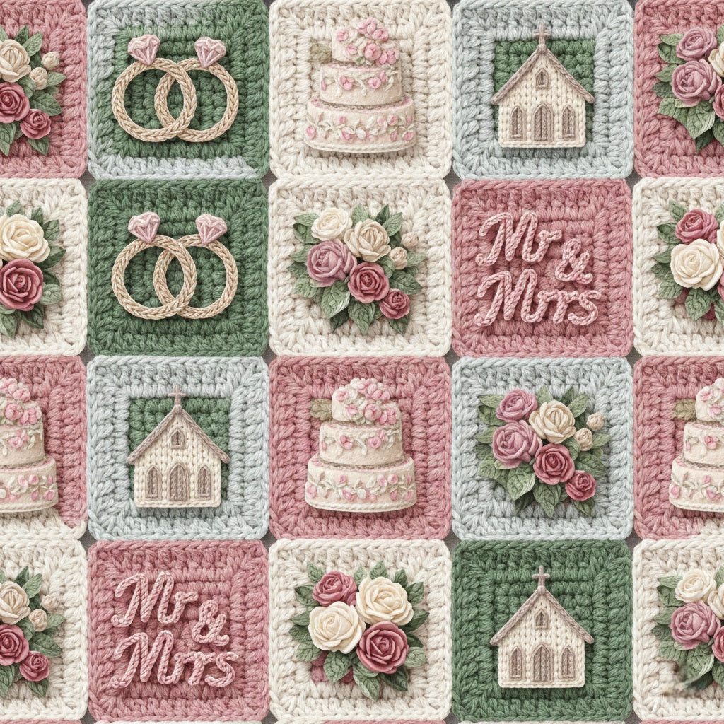 Vintage crochet wedding wrapping paper with cake, rings, and roses pattern