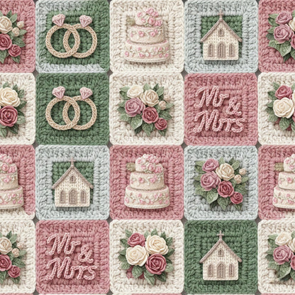 Vintage crochet wedding wrapping paper with cake, rings, and roses pattern
