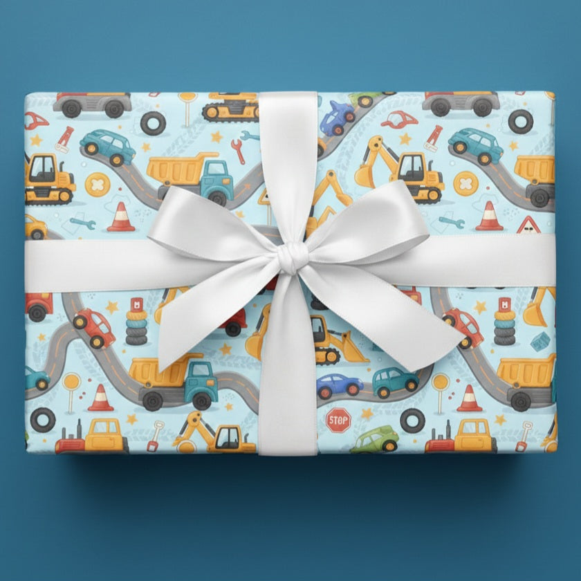 Truck themed gift wrap for boys birthday with fun race track design