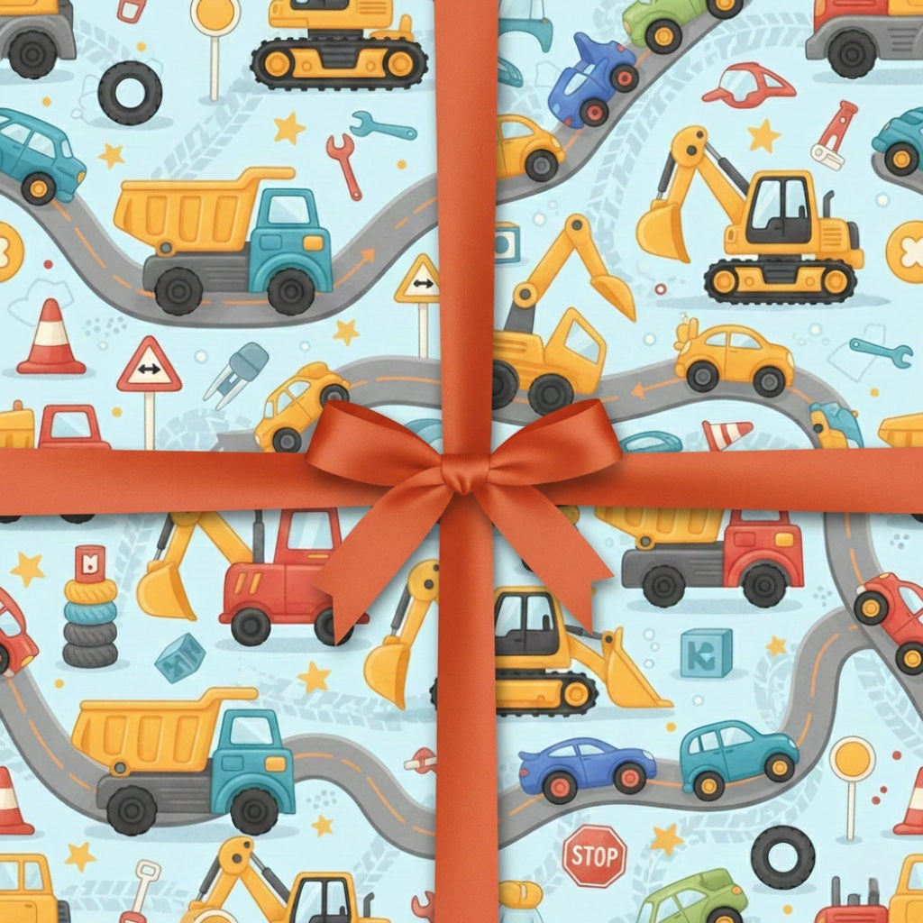 Kids birthday wrapping paper featuring playful trucks and road tracks
