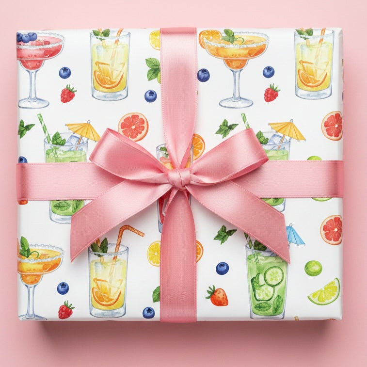 Fun drink themed gift wrap with colorful cocktails