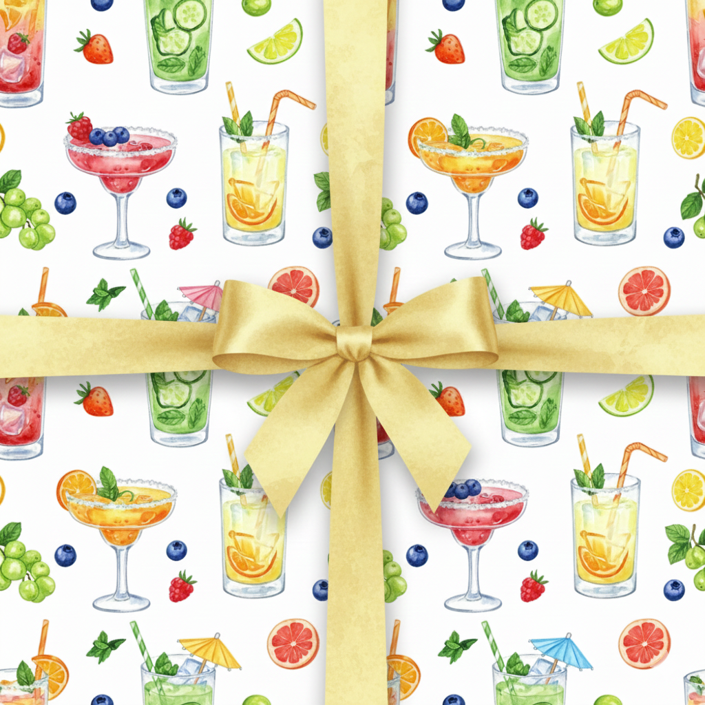 Bar themed wrapping paper featuring cocktails and mixed drinks