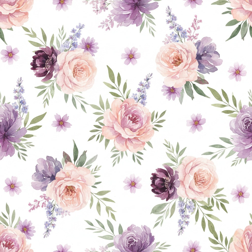 Purple watercolor floral wrapping paper with soft painted flowers