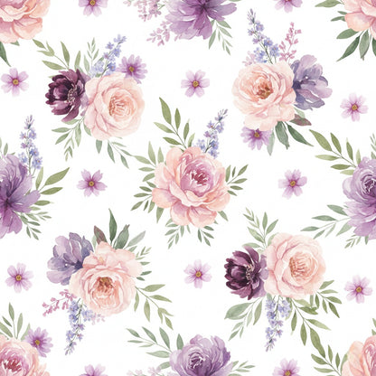 Purple watercolor floral wrapping paper with soft painted flowers