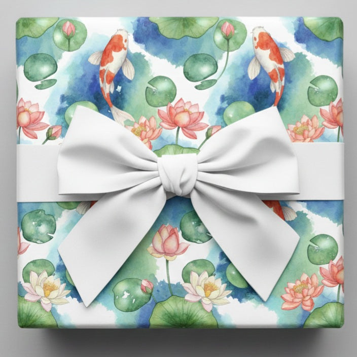 Elegant koi fish gift wrap with pond and flower details