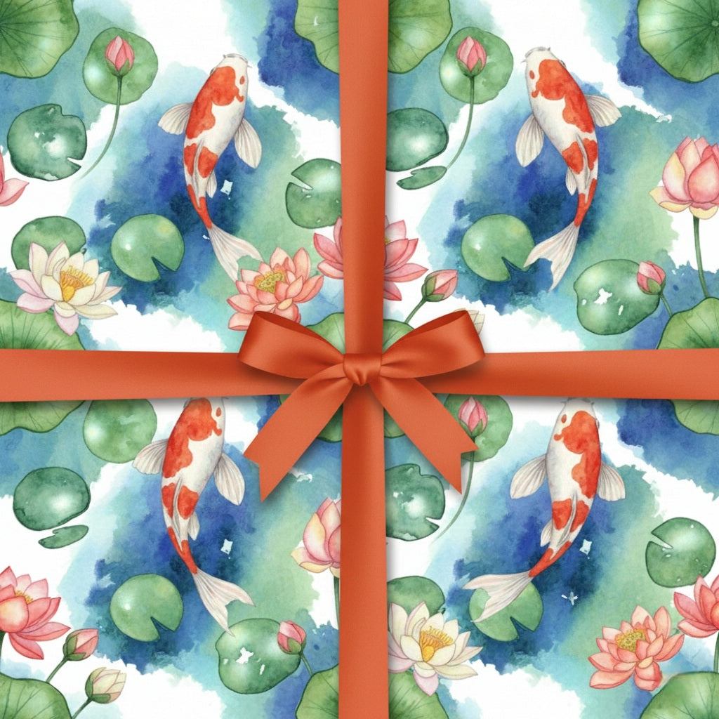 Watercolor koi pond themed wrapping paper for gifts