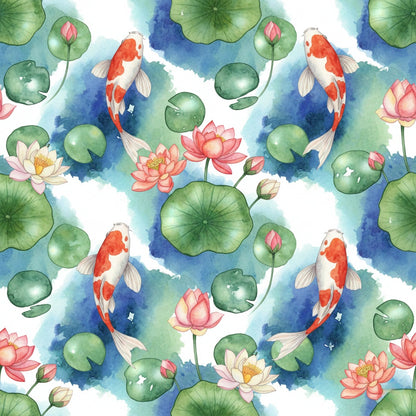 Koi pond wrapping paper with watercolor fish and floral design