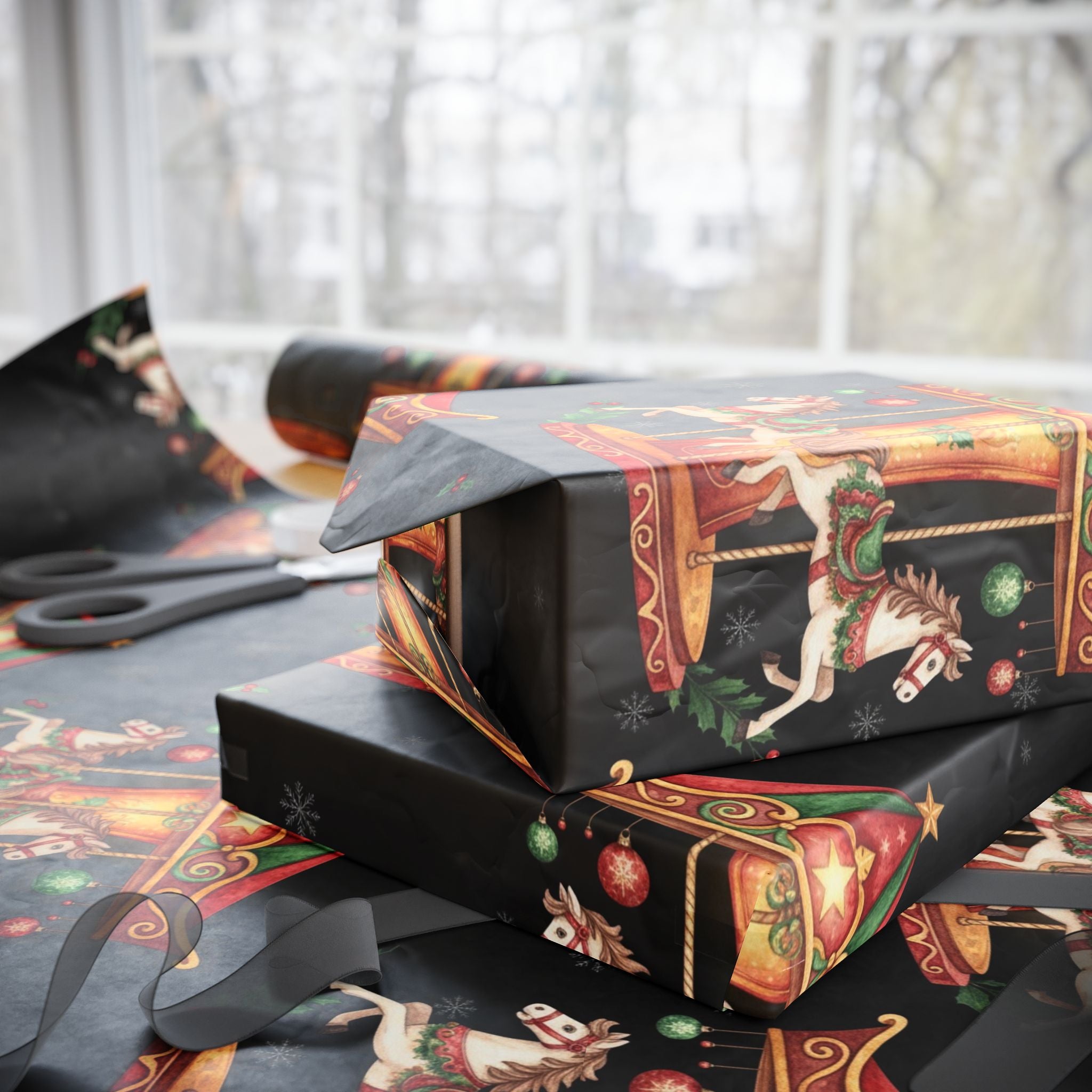 Gift Wrap Paper, Cute Holiday Present Decoration, Christmas Horse Carousel Wrapping Sheets, Festive Packaging, Xmas Craft Supplies