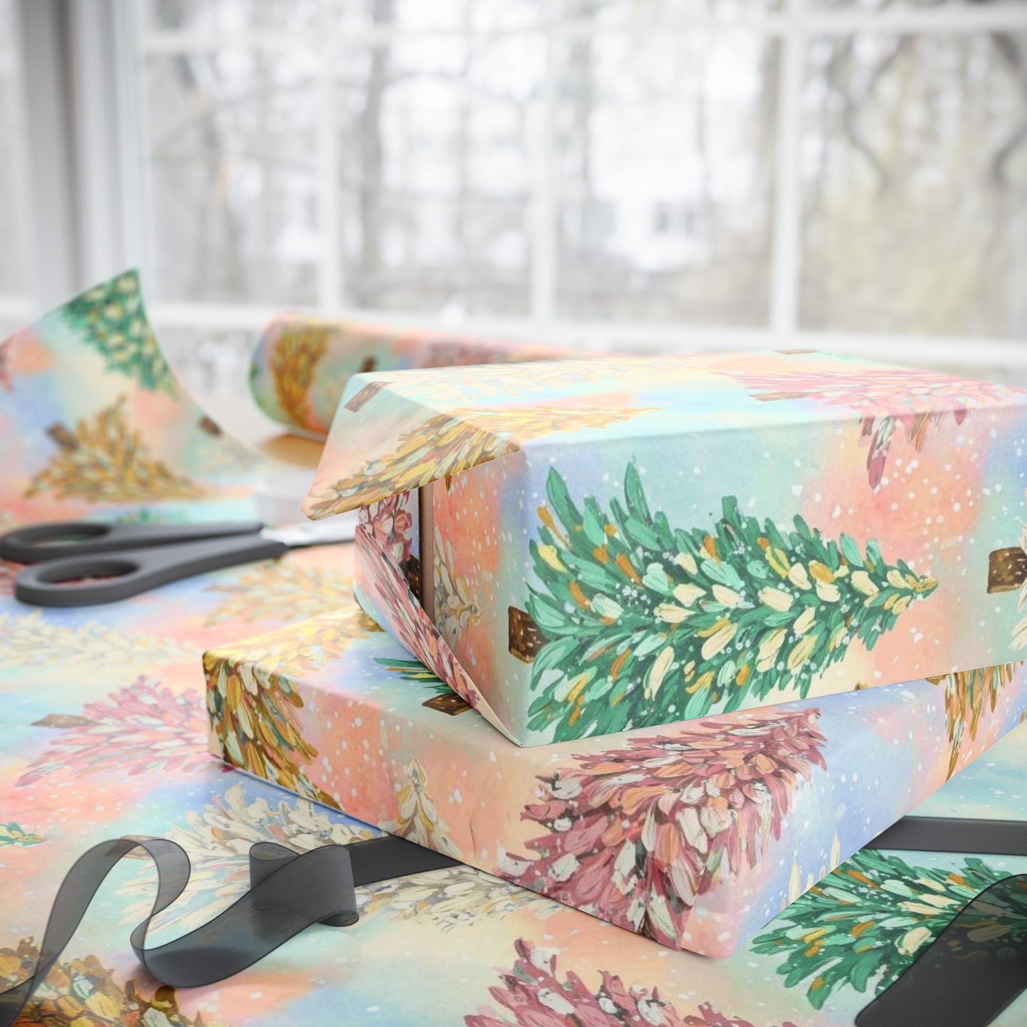 Pastel Watercolor Christmas Tree Wrapping Paper | Brush Stroke Gift Wrap | Modern Minimal Holiday Paper | Soft Aesthetic Xmas Decor