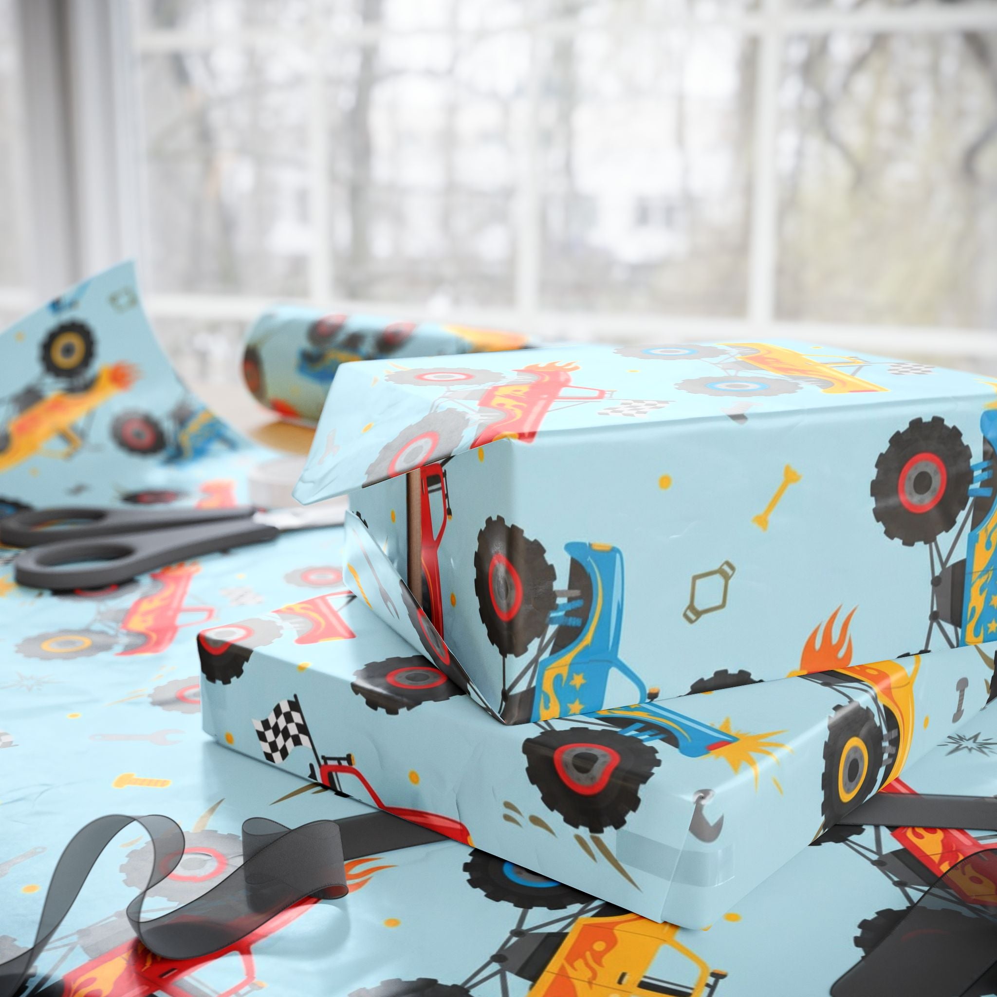 Birthday Wrapping Paper, Boys Monster Truck Gift Wrap, Kids Party Supplies, DIY Crafts, Present Packaging