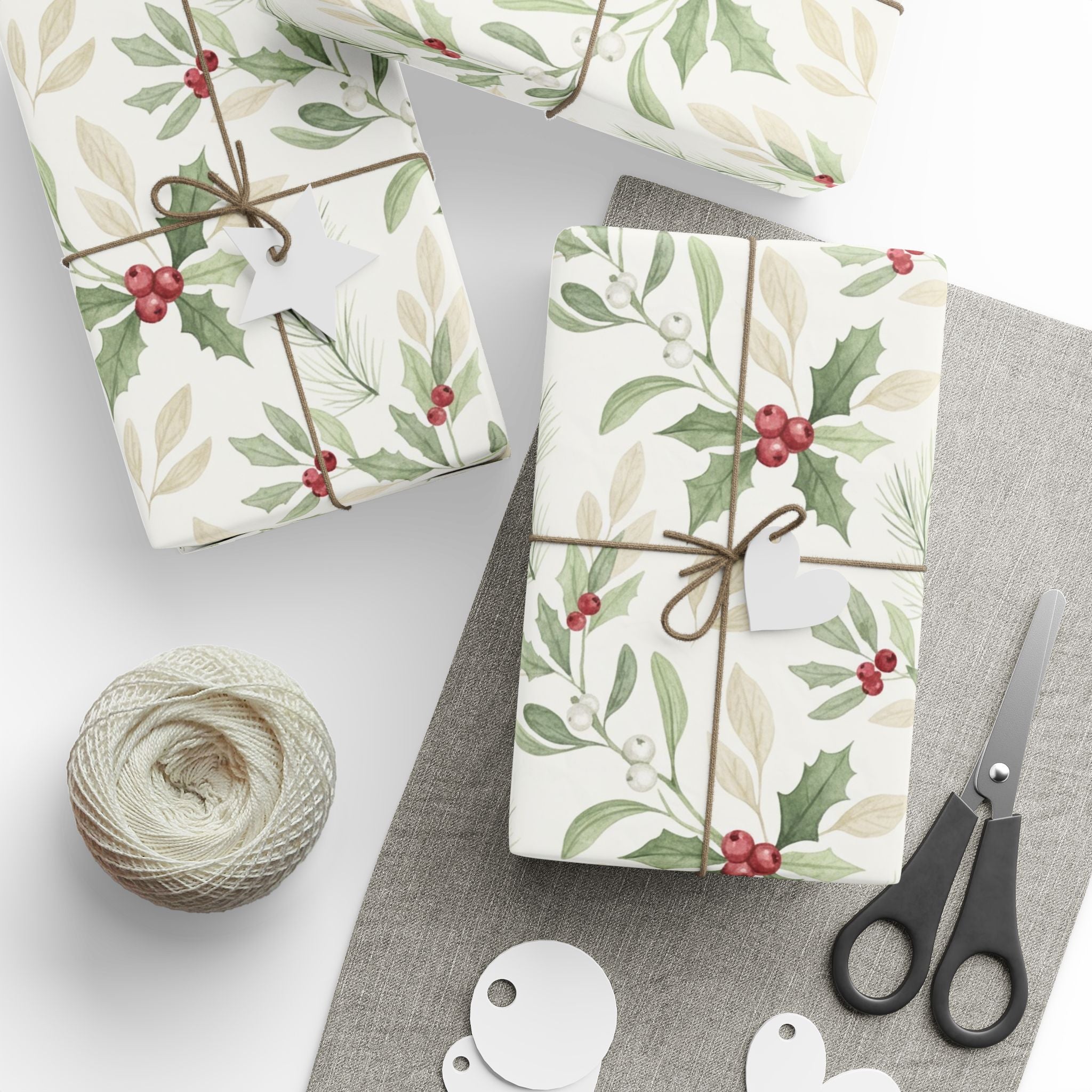 Christmas Wrapping Papers, Cute Watercolor Holly & Berries Design, Holiday Gift Wrap, Festive Presents, Seasonal Gift Wrap, Xmas Decoration