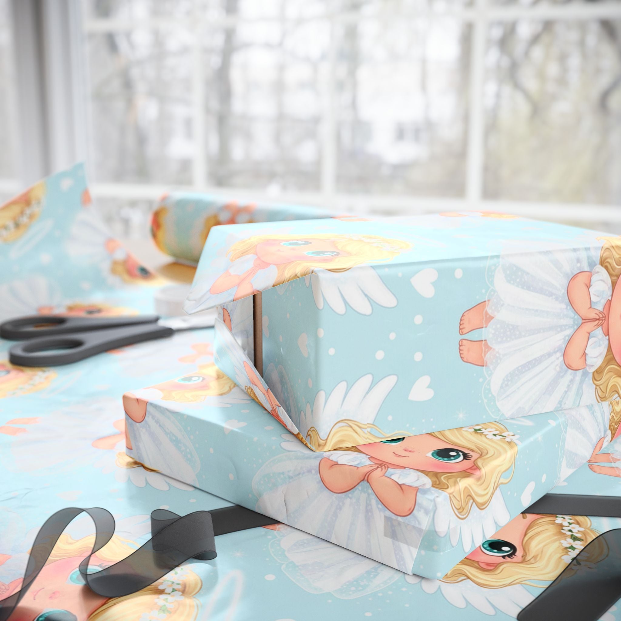 Angel Baby Wrapping Paper — Cute Blue Christening and Baby Shower Gift Wrap