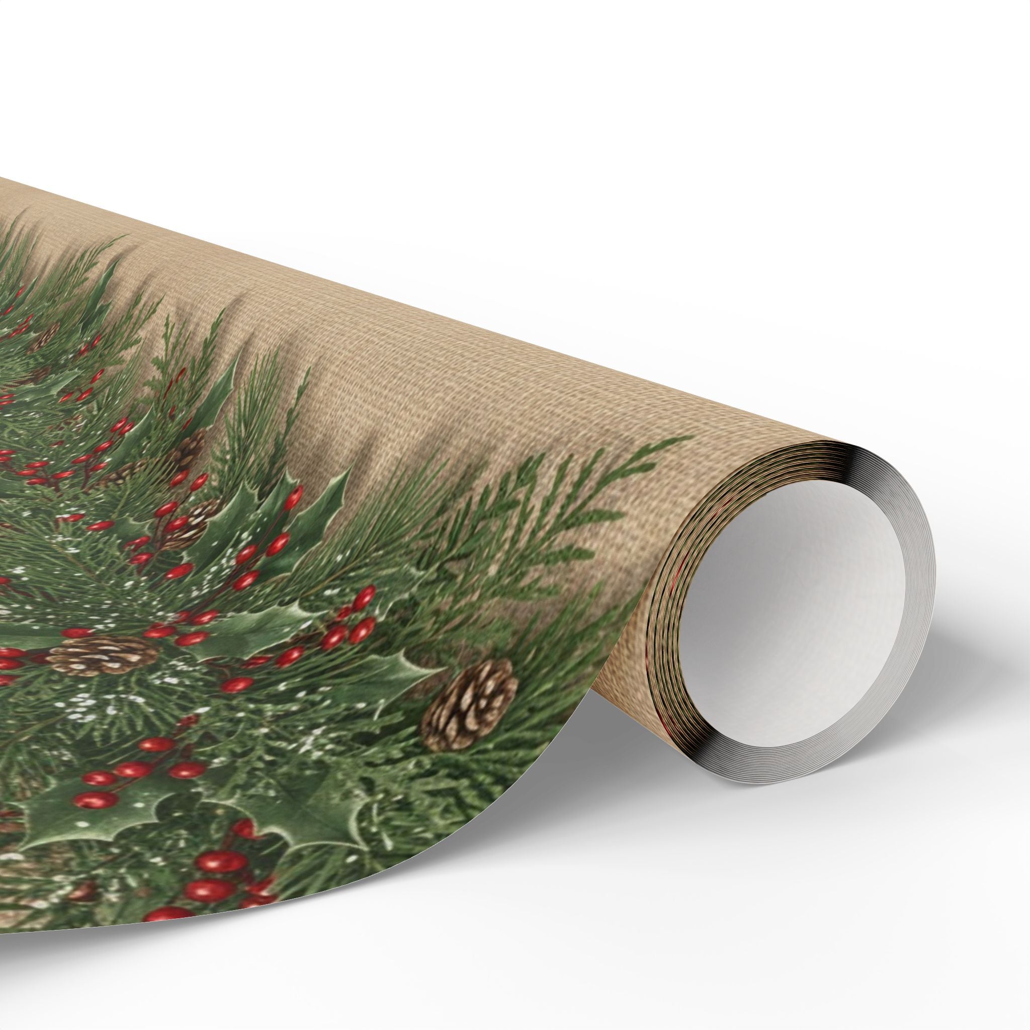 Pine Boughs & Berries Wrapping Paper | Kraft Holiday Gift Wrap Roll