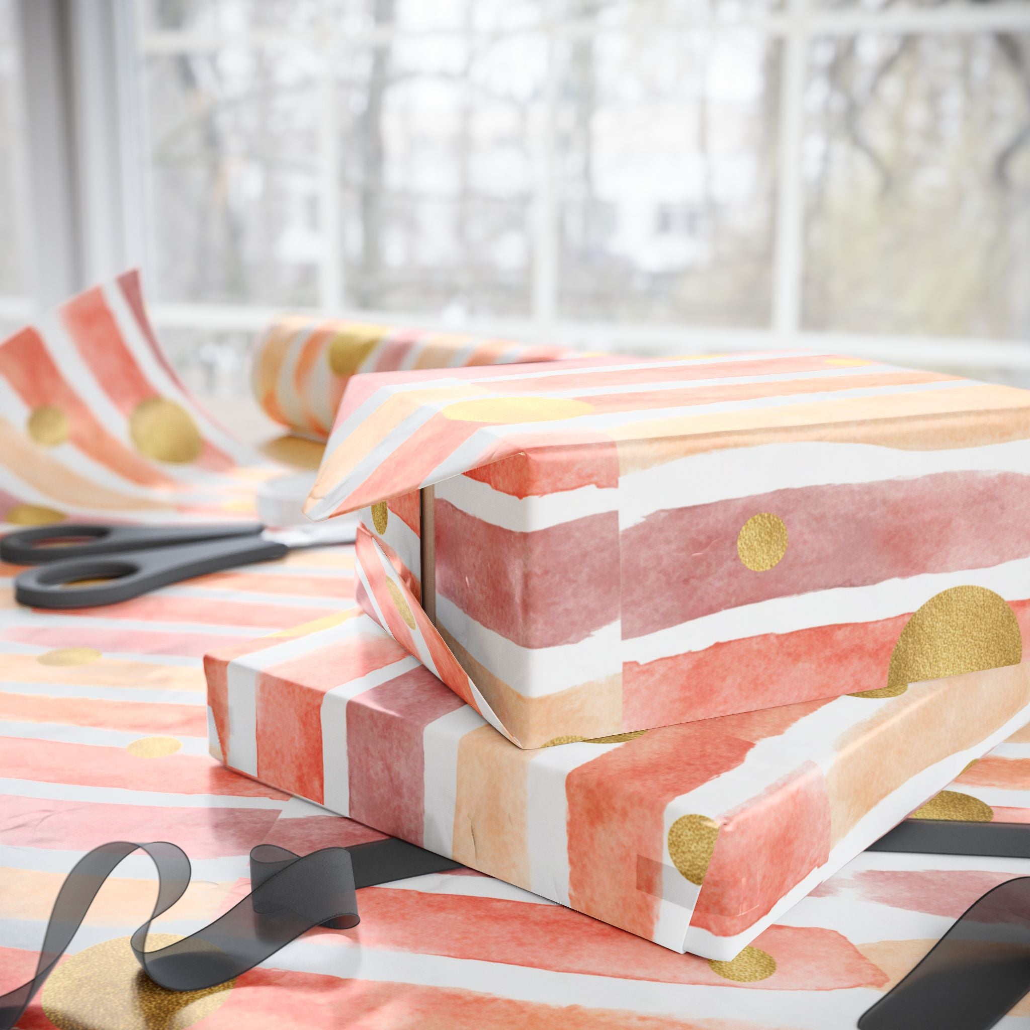 Wrapping Paper - Pink Watercolor Stripes & Gold Dots Gift Wrap