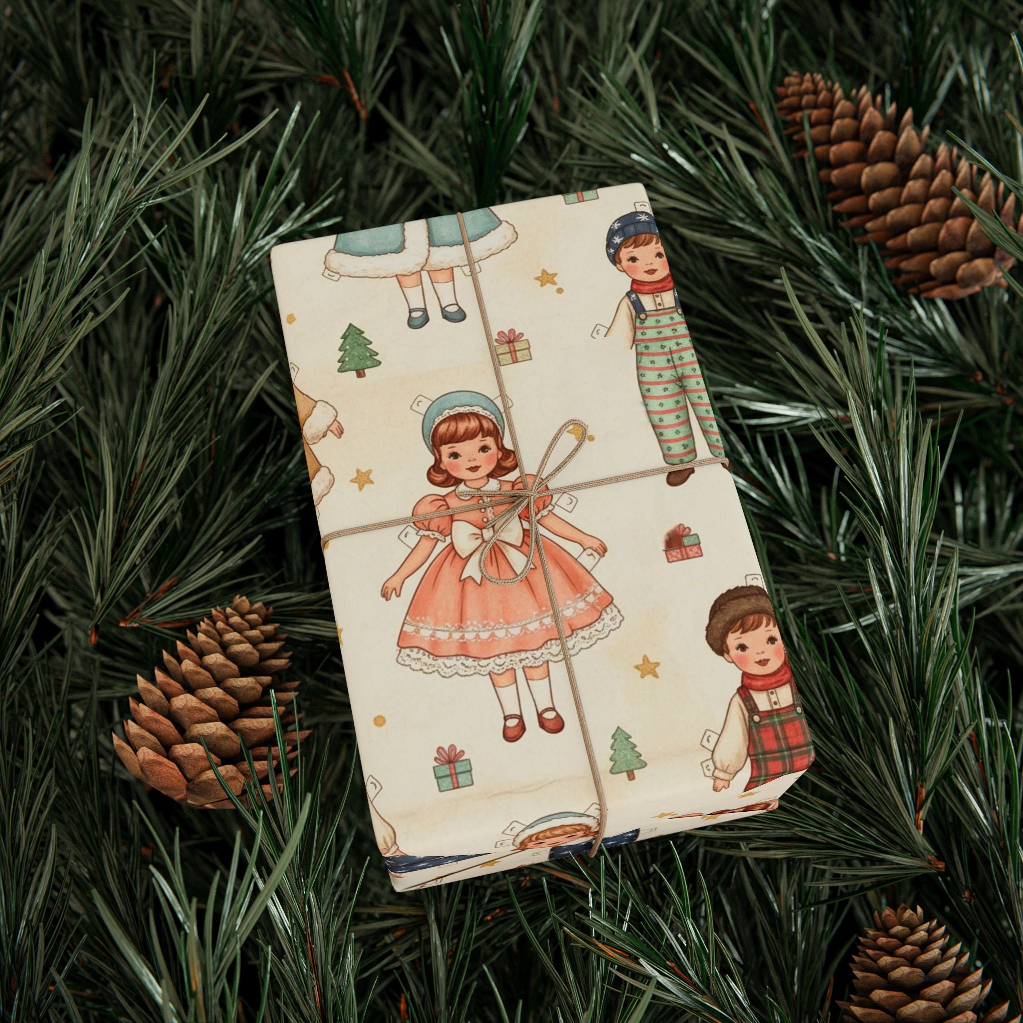 Vintage Christmas Paper Doll Wrapping Papers | Old-Fashioned Nostalgic Holiday Wrap, Retro Packaging, Paper Dolls Christmas Gift Wrap