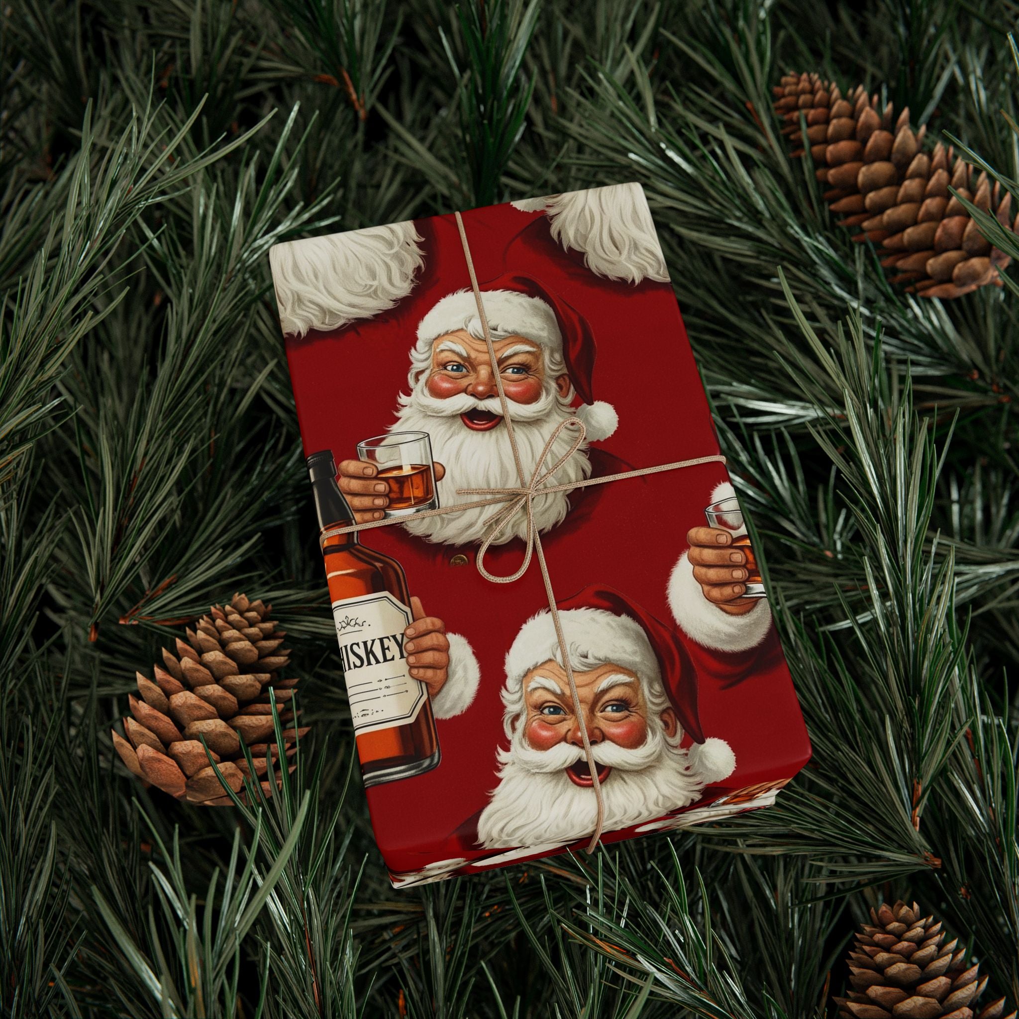Santa Drinking Whiskey Wrapping Paper, Funny Adult Christmas Gift Wrap, Holiday Humor Packaging, Gag Gift Wrap for Men and Parties