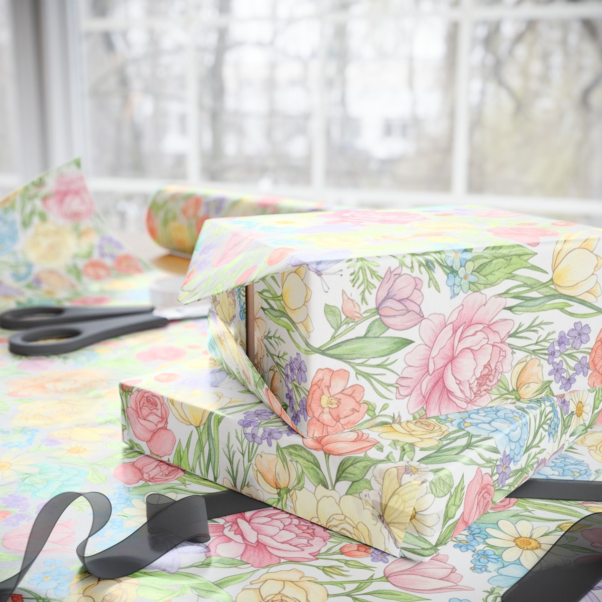 Floral Pastel Tulip Wrapping Paper Roll — Spring Bouquet Gift Wrap