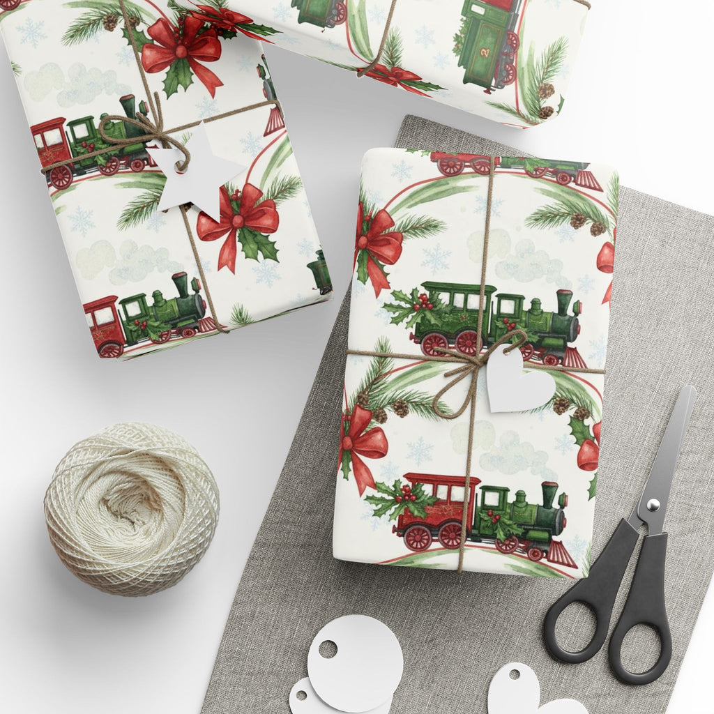 Vintage Christmas Train Wrapping Paper | Holiday Gift Wrap for Boys or Him | Classic Retro Xmas Paper | Festive Winter Train Theme