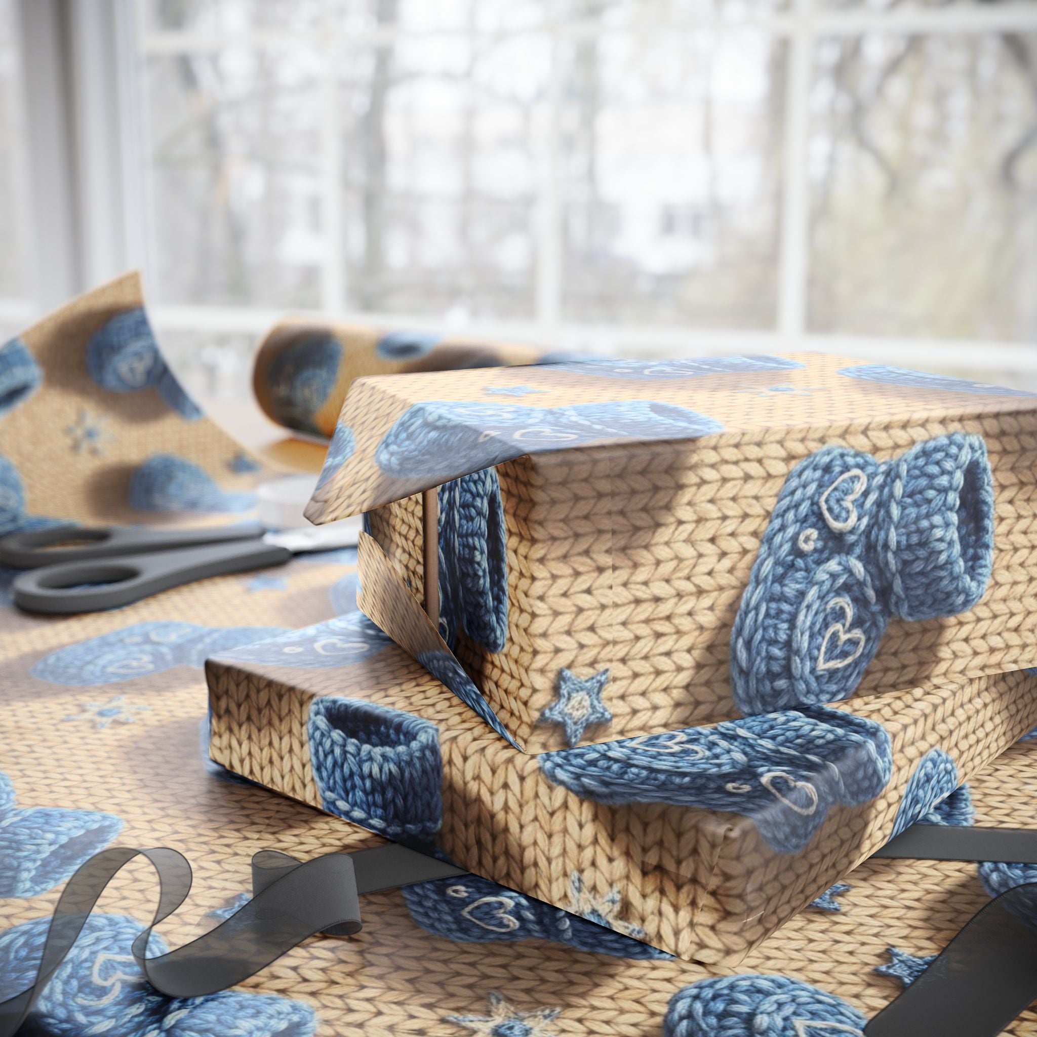 Knitted Wrapping Paper, Baby Shower Gift Wrap, Baby Boy Booties Design, Blue Gift Wrap Paper, Cute Baby Shower Wrap