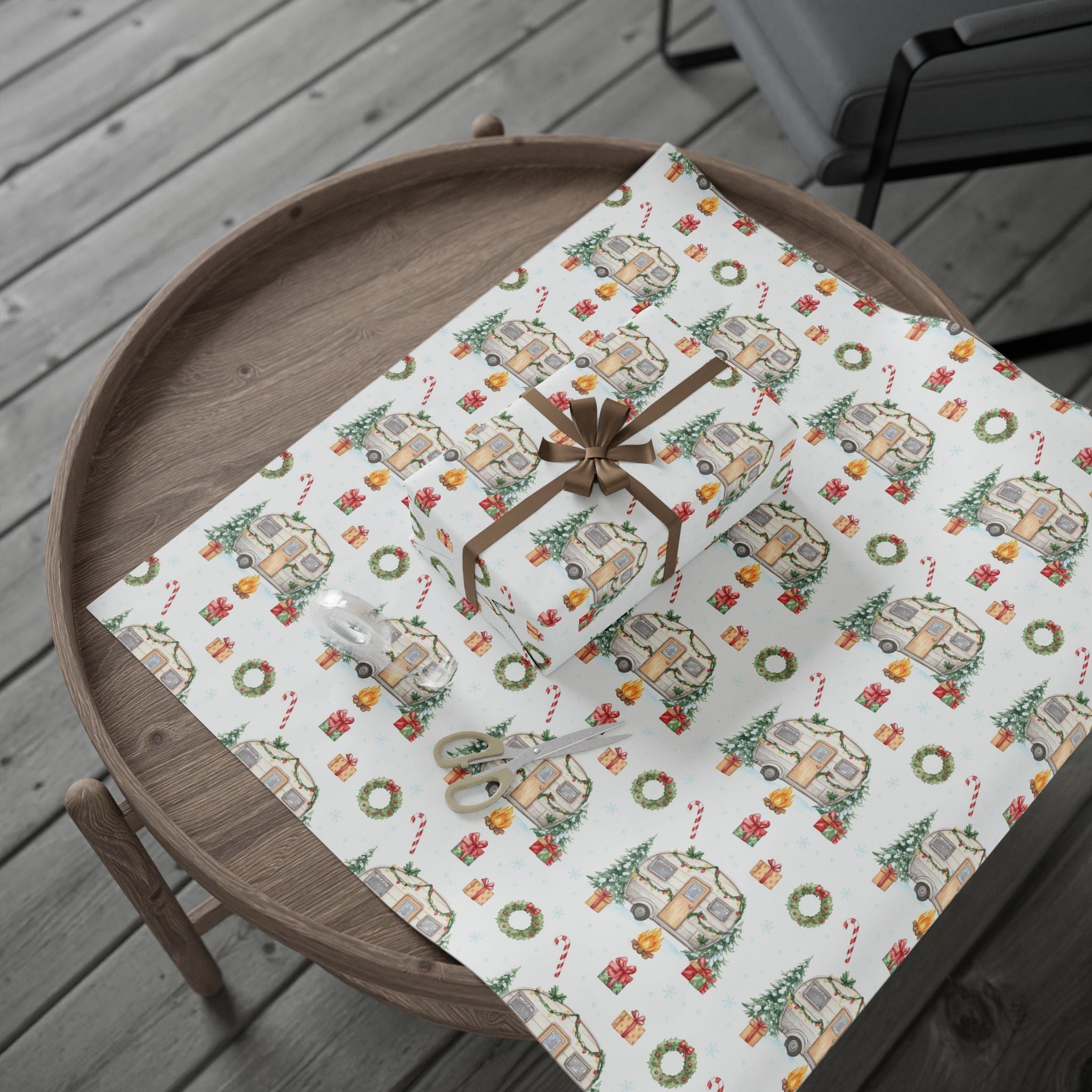 Vintage Christmas Camper Wrapping Paper  Retro Holiday Gift Wrap, Festive Trailer Christmas Paper
