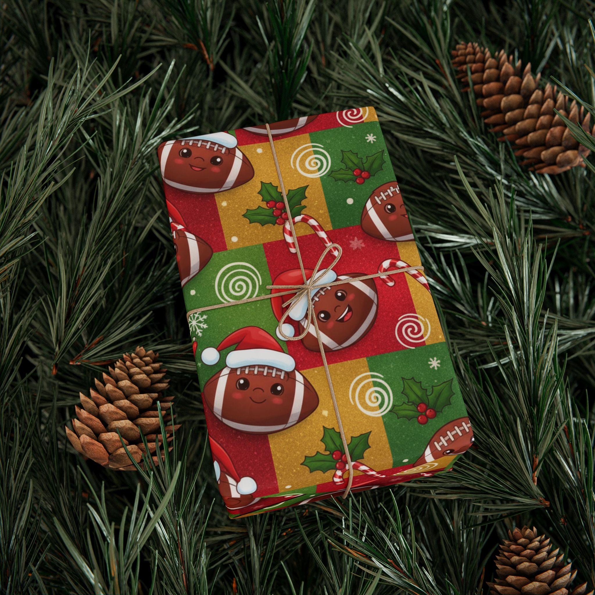 Christmas Football Wrapping Paper - Santa Hats & Snowflakes, Sports Fan Holiday Gift Wrap