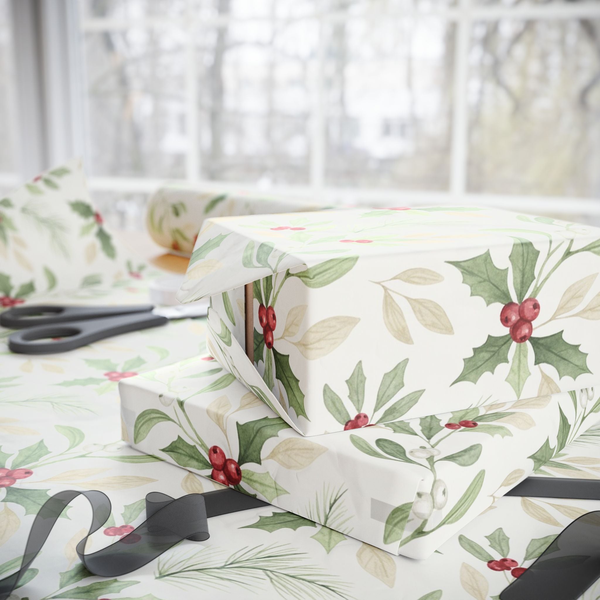 Christmas Wrapping Papers, Cute Watercolor Holly & Berries Design, Holiday Gift Wrap, Festive Presents, Seasonal Gift Wrap, Xmas Decoration