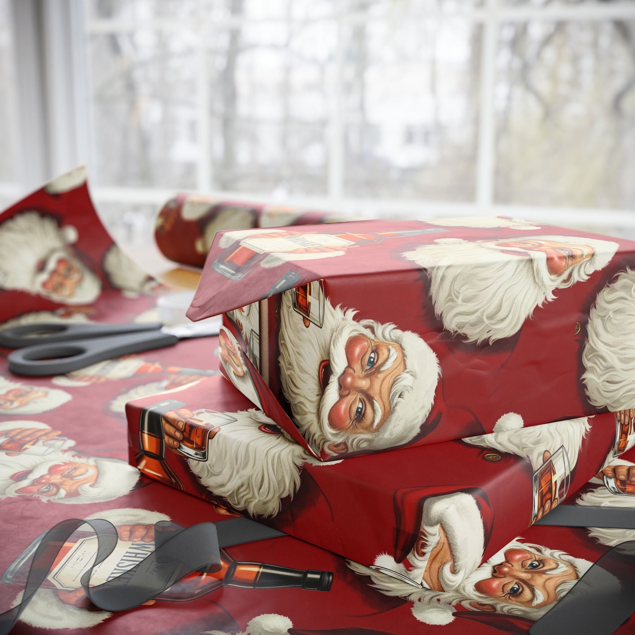 Santa Drinking Whiskey Wrapping Paper, Funny Adult Christmas Gift Wrap, Holiday Humor Packaging, Gag Gift Wrap for Men and Parties