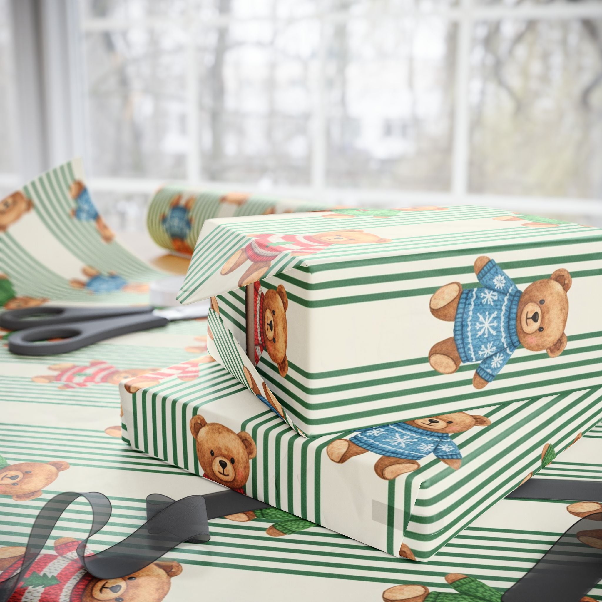 Teddy Bears Pattern Wrapping Paper | Cute Bear Stripes Holiday Wrap