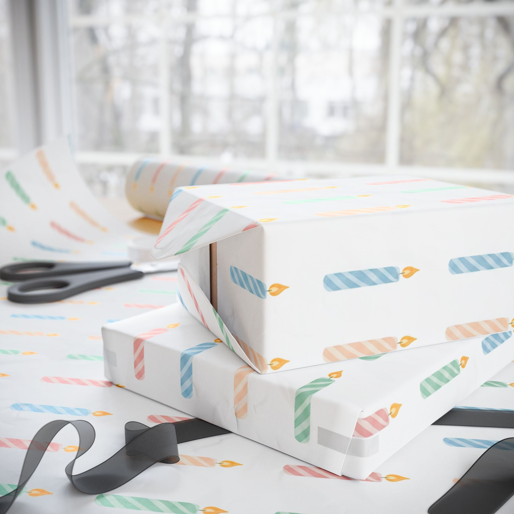 Wrapping Paper — Pastel Twisted Candles Pattern, Birthday Gift Wrap