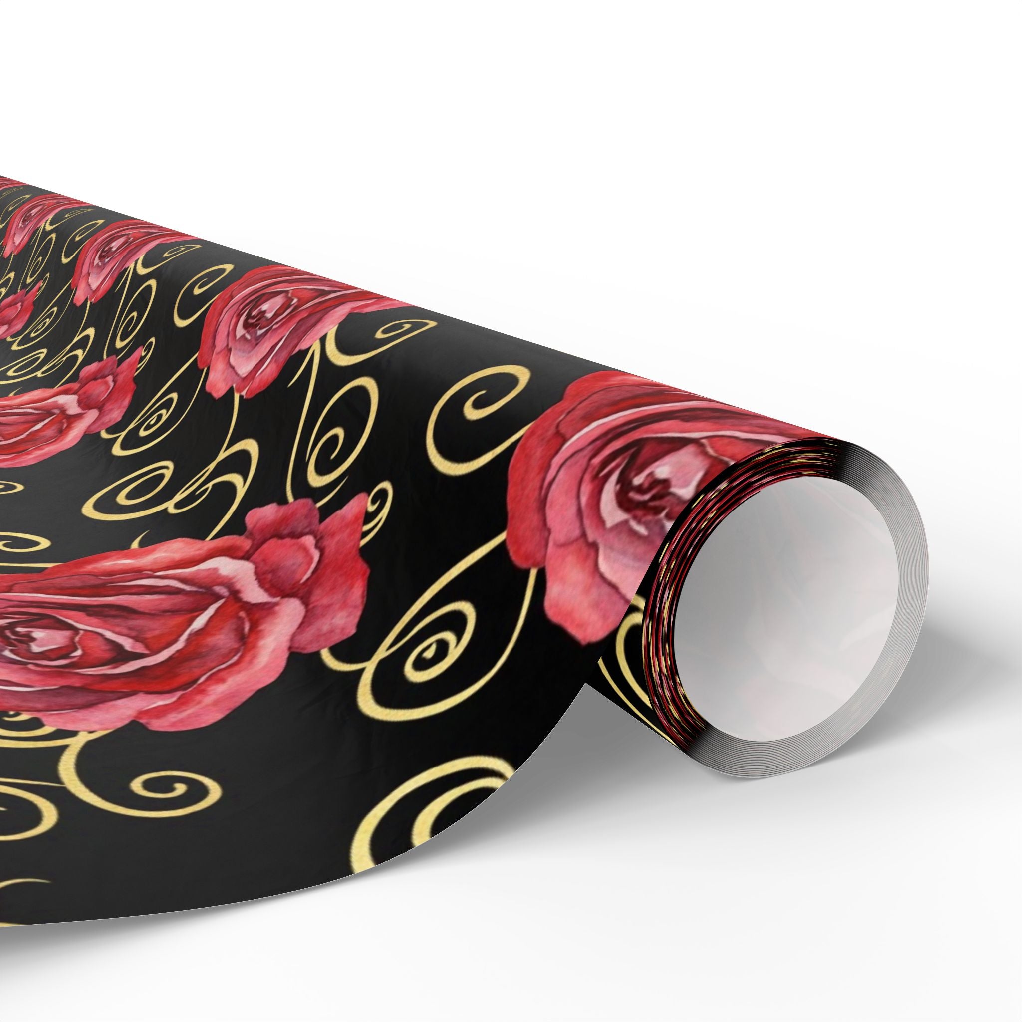 Red Rose Swirl Wrapping Paper | Floral Gift Wrap, Black & Gold